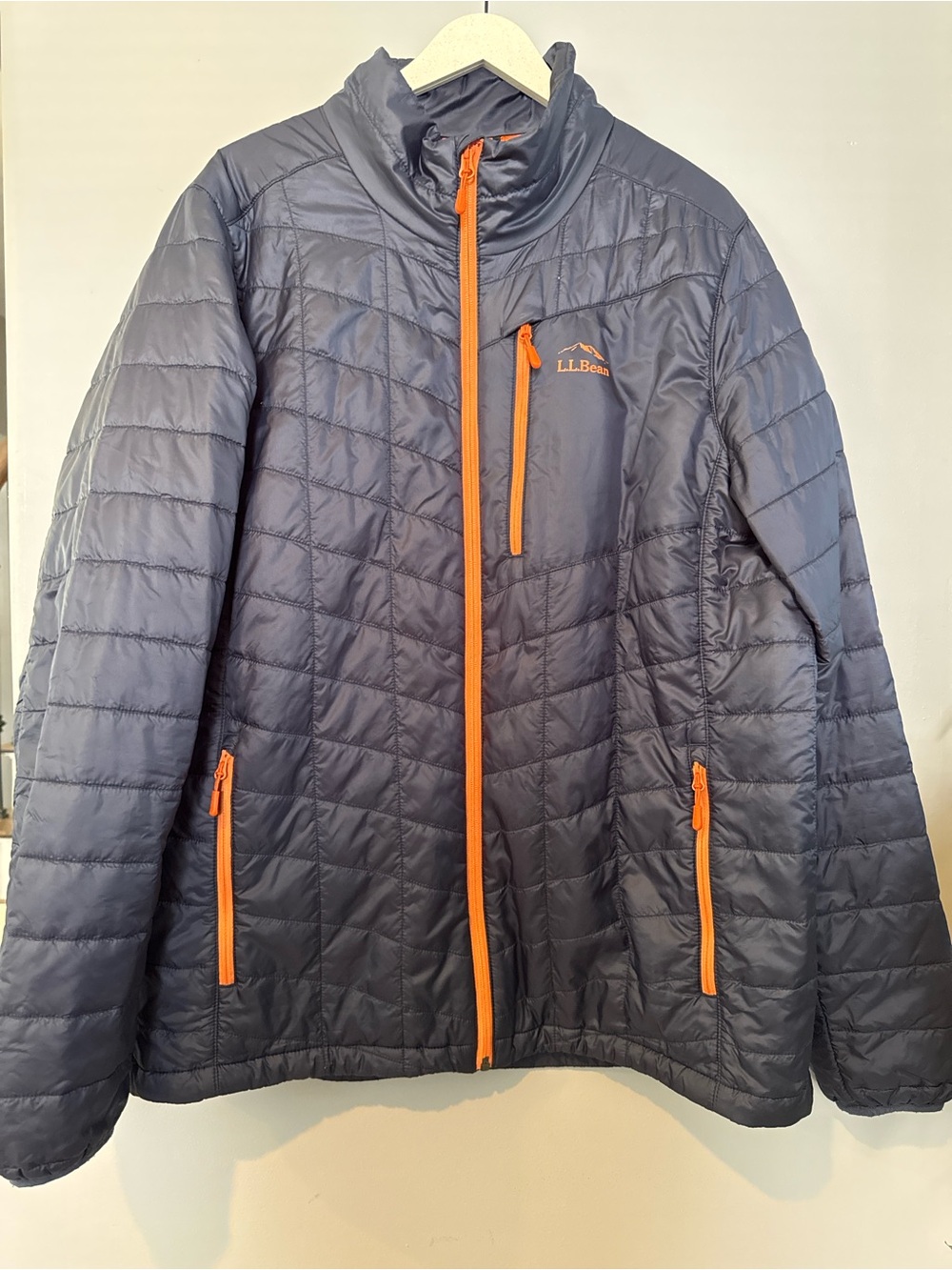 L.L. Bean Navy Puffer Jacket with Orange Zippers